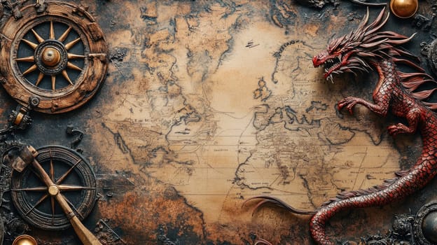 An intricate antique map showcases the ancient world, surrounded by a majestic dragon and navigational instruments, evoking a sense of adventure and historical exploration.