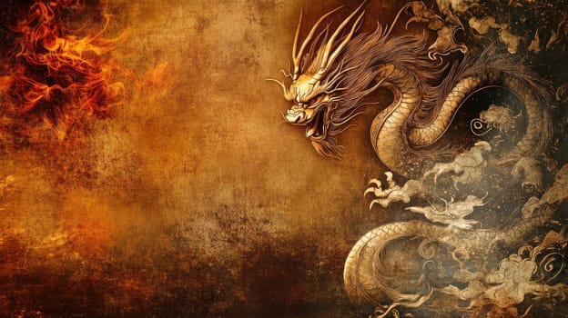 A stunning depiction of a mythical dragon emerges from a textured fiery background, showcasing its fierce expression and elaborate scales, embodying strength and power in a mythical atmosphere.