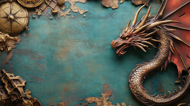 A vibrant dragon sculpture coiled around an ancient map, highlighting intricate details and textures. The vivid colors and craftsmanship stand out, creating an eye-catching art piece.