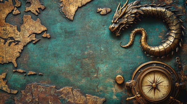 An ornate fantasy map displays a majestic dragon alongside a vintage compass, all set against a richly textured backdrop.