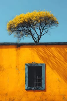 Yellow wall with a window trimmed in black, topped with a tree that casts shadows