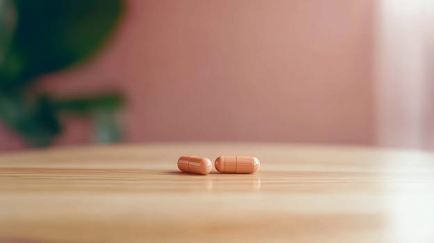 Two pills are lying on a wooden tabletop with a blurred background of plants and a pink wall, evoking themes of medication, health, and wellness