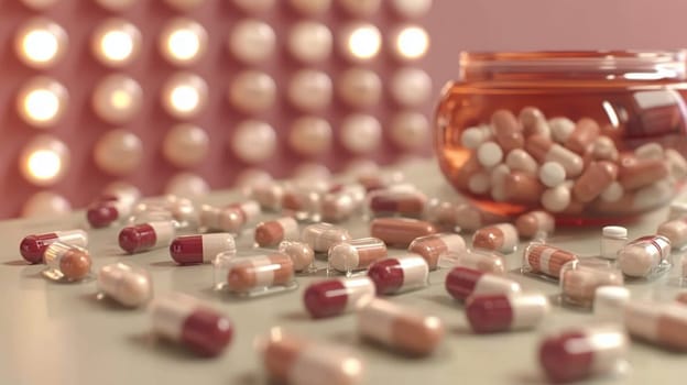 Many red and white pills are spilling from a glass bottle onto a table, with a backlit background. This image could be used to represent pharmaceuticals, medicine, healthcare, or addiction