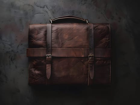 A rectangular brown leather briefcase rests on a dark surface, serving as a fashionable accessory for travel. The sleek metal accents contrast elegantly with the electric blue font details