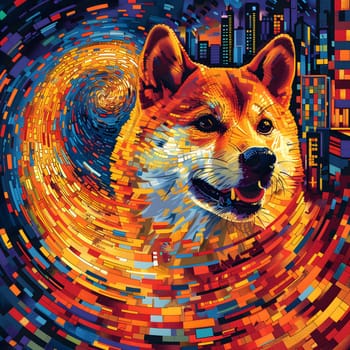 A vibrant painting of a carnivorous Felidae with whiskers, set against an electric blue cityscape. The artwork captures the organism in a patterned frame, showcasing the beauty of nature and art