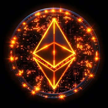 An illuminated amber ethereum symbol enclosed in a glowing neon circle against a black background, creating a symmetrical and artistic electronic signage logo with a triangular font pattern