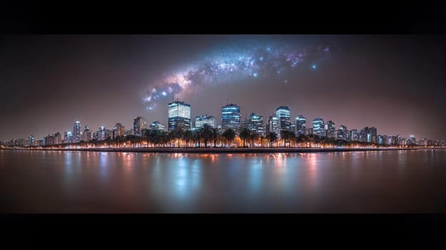 Marvel at a city skyline at night with the milky way above, reflecting in the water. Lights from buildings create a modern urban scene under the dark sky