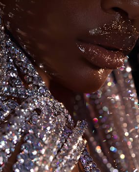 A closeup of a womans face adorned with sparkling jewellery creates a mesmerizing pattern. The metal glitters with moisture, adding an enchanting touch to her look at the event