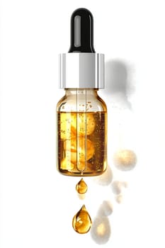 Glass dropper bottle filled with a golden liquid is dripping, showcasing its potential for beauty, health, or pharmaceutical applications
