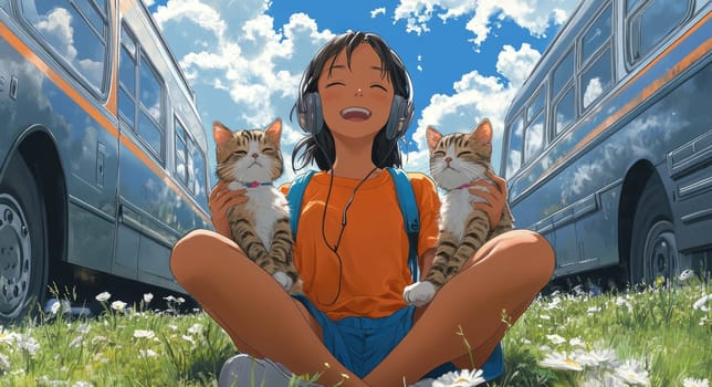 Sunny scene: cheerful young girl basking in sunshine with her beloved cat near vibrant yellow bus, capturing essence of youthful joy, carefree moments, comfort of furry friendship