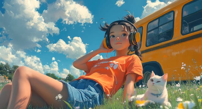 Playful moment: joyful little girl enjoying sunny day, sitting happily with her cat beside bright yellow bus, radiating warmth, innocence, simple pleasures of companionship, sunny adventures