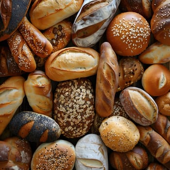 An assortment of various types of bread made from natural ingredients and seeds are stacked on top of each other, representing staple foods in cuisine worldwide
