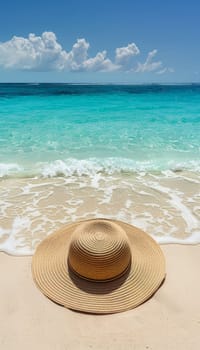 Straw hat on sandy shore with crystal clear turquoise water and fluffy clouds