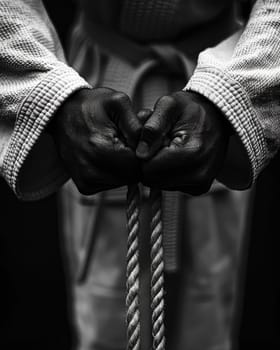 Close-up of hands grasping martial arts belt, symbolizing strength and focus