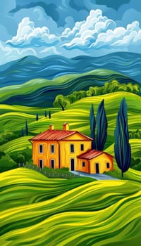 Colorful landscape of rolling hills, cypress trees, and a charming villa