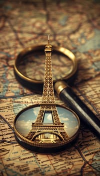 Eiffel Tower miniature on antique map with magnifying glass, symbolizing travel planning
