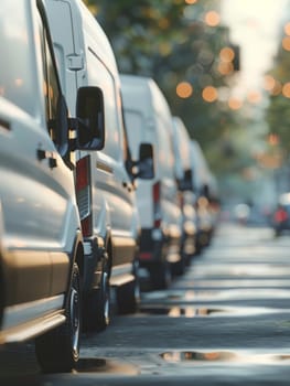 Close-up view of white delivery vans aligned on city street with blurred bokeh background of urban environment