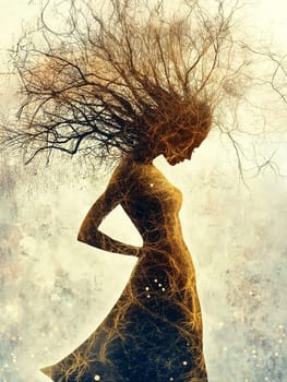 A surreal artistic depiction of a woman, her silhouette blending seamlessly with tree branches, symbolizing nature and growth amid soft, ambient light.