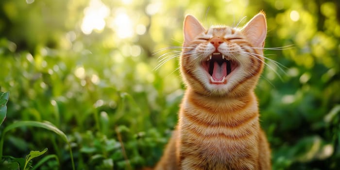 An orange cat sits among lush green plants, its mouth wide open in a joyful expression, under the warm sunlight. An embodiment of happiness and playfulness in nature.