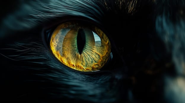 Dramatic close-up of a black cat's eye showcasing its striking golden color and intricate texture, evoking a sense of mystery and beauty.