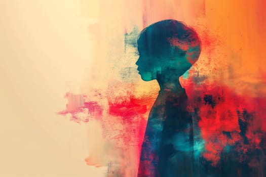 A vibrant and colorful abstract painting featuring the silhouette of a child in profile. The artwork blends bold hues and soft textures, evoking emotions of imagination and innocence.