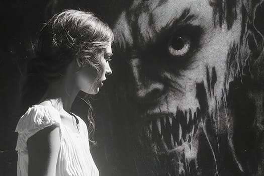 A young woman stands solemnly beside a menacing face painted on a wall, highlighting themes of innocence, fear, and contrast. The black and white composition enhances the dramatic encounter.