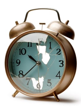 A vintage alarm clock with a shattered glass face, symbolizing themes of time, decay, and nostalgia, isolated on a white background for an artistic expression