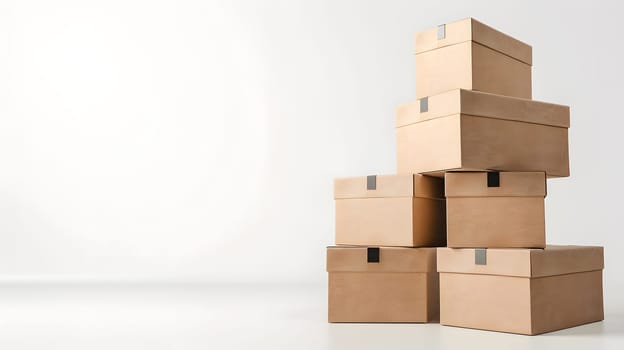 A stack of brown cardboard boxes organized on a simple white background