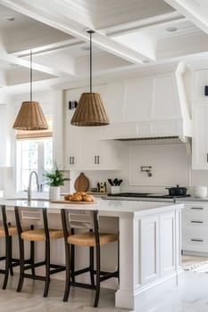 The kitchen is sleek and modern, with island seating and stylish pendant lights