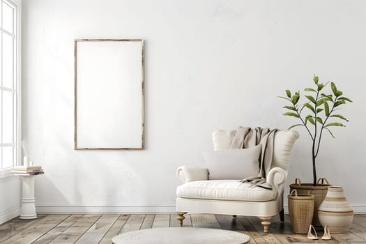 Elegant living room featuring a cozy armchair and a large blank frame on the wall.