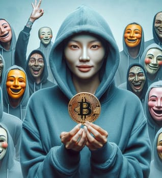 A man in a mask holding a Bitcoin coin. The man is surrounded by other people in masks
