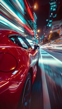 Red sports car speeding through city streets at night with motion blur