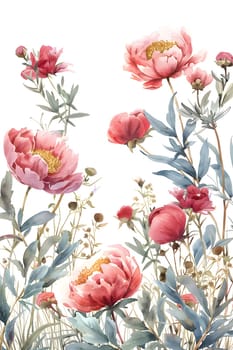 Delicate pink peonies with lush green leaves against a fresh white backdrop.