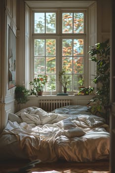 Inside the building, there are two beds located in a room with a window, next to a plant. The room features hardwood flooring and a shade fixture