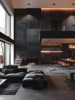 A modern living room with a sleek black couch and a cozy fireplace. The hardwood flooring adds warmth to the interior design, while the large window lets in natural light