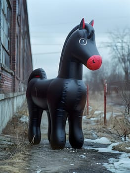 A black inflatable horse with red ears and nose, resembling a terrestrial animal. Its mane and snout add a touch of realism to this toy. It is a working animal that can be used as a pack animal