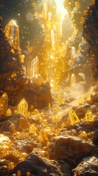Fantasythemed cavern with glowing golden crystals creating a magical ambiance