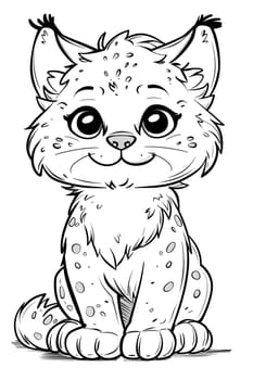 A monochrome illustration of a baby lynx in a seated position, showcasing its Felidae features such as the head, eye, and small size characteristic of this carnivorous mammal