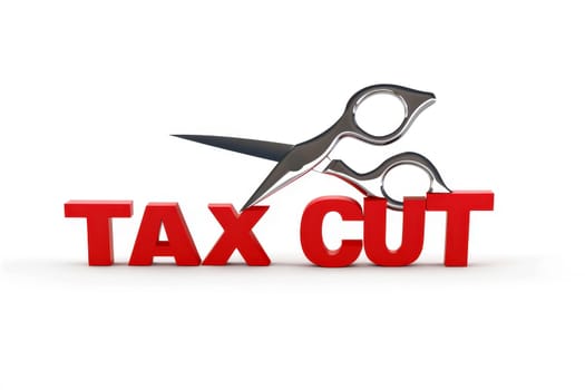 3D rendering text display tax cut with scissors.