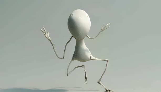 Minimalistic white figure with long limbs caught in a dynamic pose, floating.