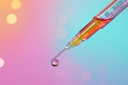 A close-up image of a droplet of liquid poised to fall from a pipette into a test tube. The colorful background enhances the scientific theme.