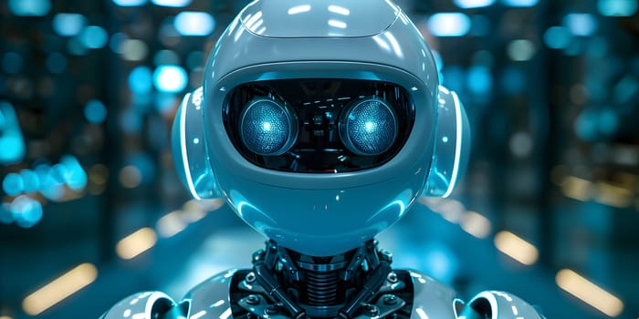 A detailed closeup shot of a robot with headphones and a helmet, showcasing its liquid robotic design in electric blue. An artistic representation of engineering in an azure setting