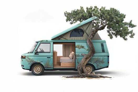Camper van parked in nature with a tree growing through it, offering a unique camping experience. Evokes tranquility and freedom, ideal for adventure seekers