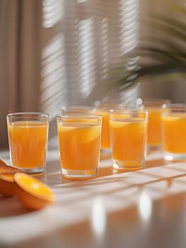 A row of shot glasses filled with orange juice on a table, showcasing the vibrant color of the fruity liquid in the drinkware