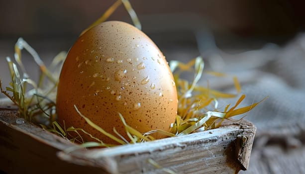 A speckled egg in a wooden nest filled with hay, creating an authentic and organic vibe