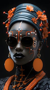 Fashion model wearing tribal accessories, face paint, futuristic sunglasses