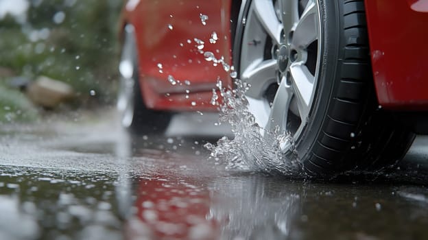 Cautious drive: vehicle carefully maneuvers on a slick road, illustrating the significance of maintaining control and awareness in adverse weather conditions to ensure safety and prevent accidents