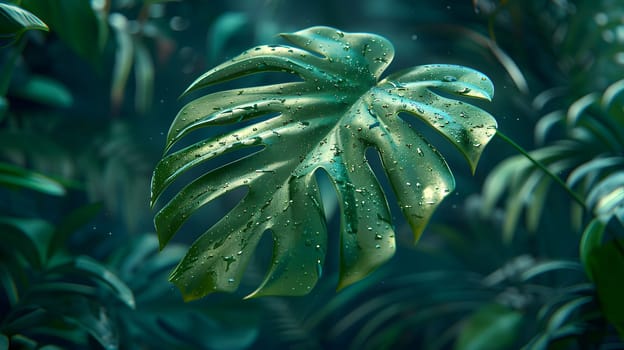 A close up of a leafy plant in the jungle, covered in water drops. The lush greenery contrasts beautifully with the darkness of the surrounding palm trees