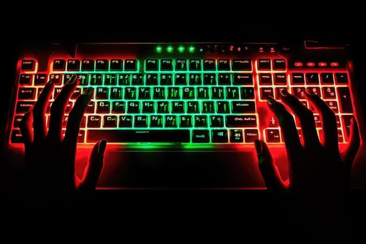 A close-up view of hands hovering over a brightly illuminated keyboard. The vibrant red lighting creates a striking contrast against a dark background, showcasing modern technology in a creative workspace.