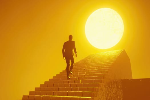 A businessman climbs a shining staircase made of gold bars, symbolizing the journey toward success and ambition under a vibrant sun. Perfect for themes of aspiration.